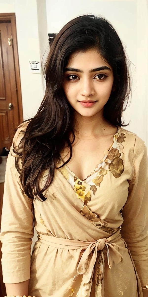 lovely cute young attractive indian teenage girl, 23 years old, cute, an Instagram model, long blonde_hair, colorful hair, winter, yellow dress,Indian