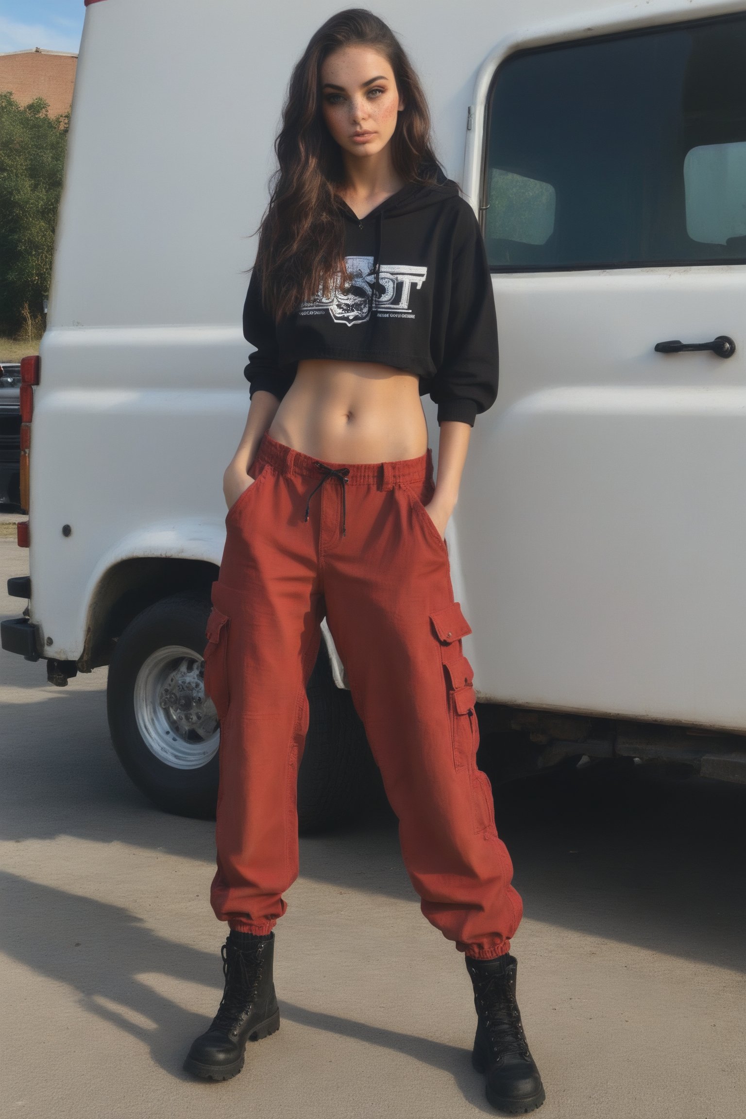 Real, realistic, M31ka smoking a joint at a truckstop, full body, freckles, solo, long hair, wearing baggy red cargo pants, and a baggy black cropped hoodie with an elastic hem, midriff, navel, combat boots