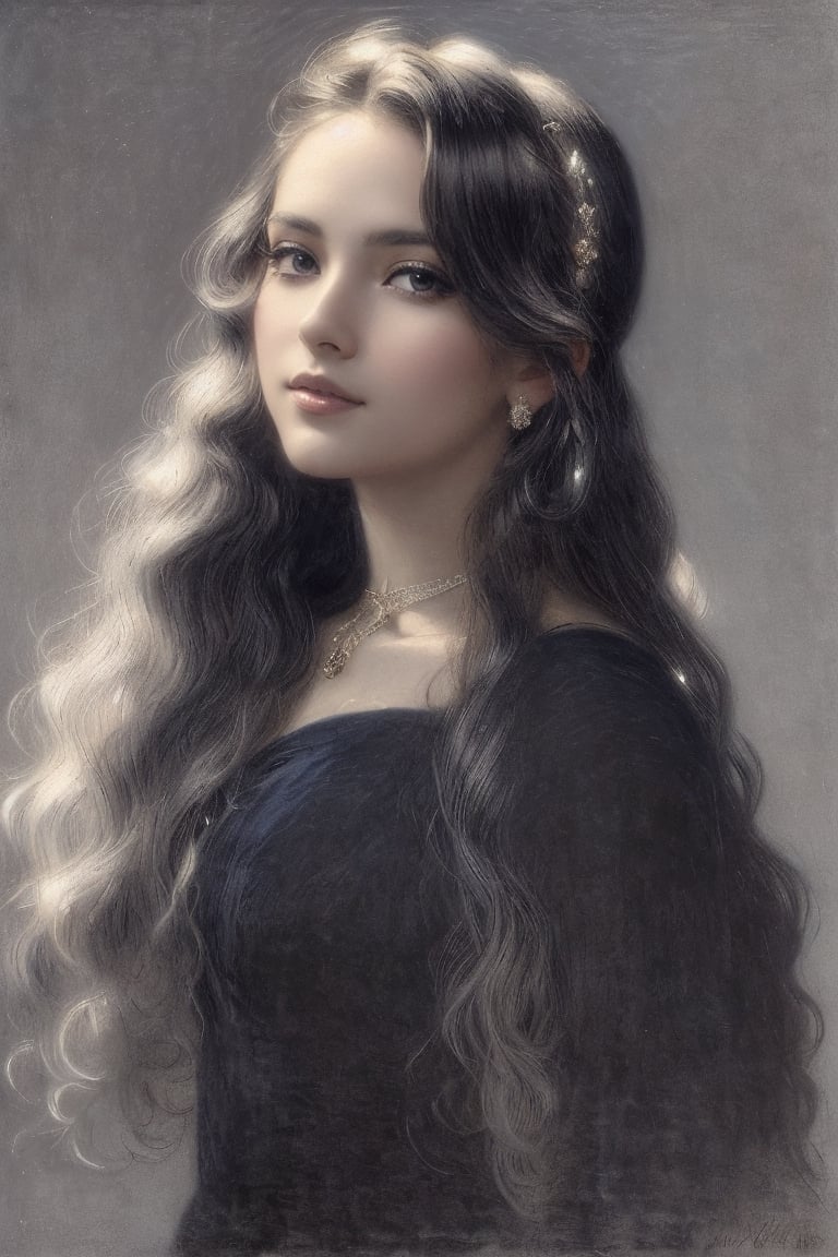 Oil portrait of a young beautiful lady with long wavy white hair, fair skin, siren blue eyes, very pretty ivory skin. She has a neutral but deceptive expression, shiny hair, ((light from the hair))++,  wearing an elegant 1890s style black dress and silver jewellery.