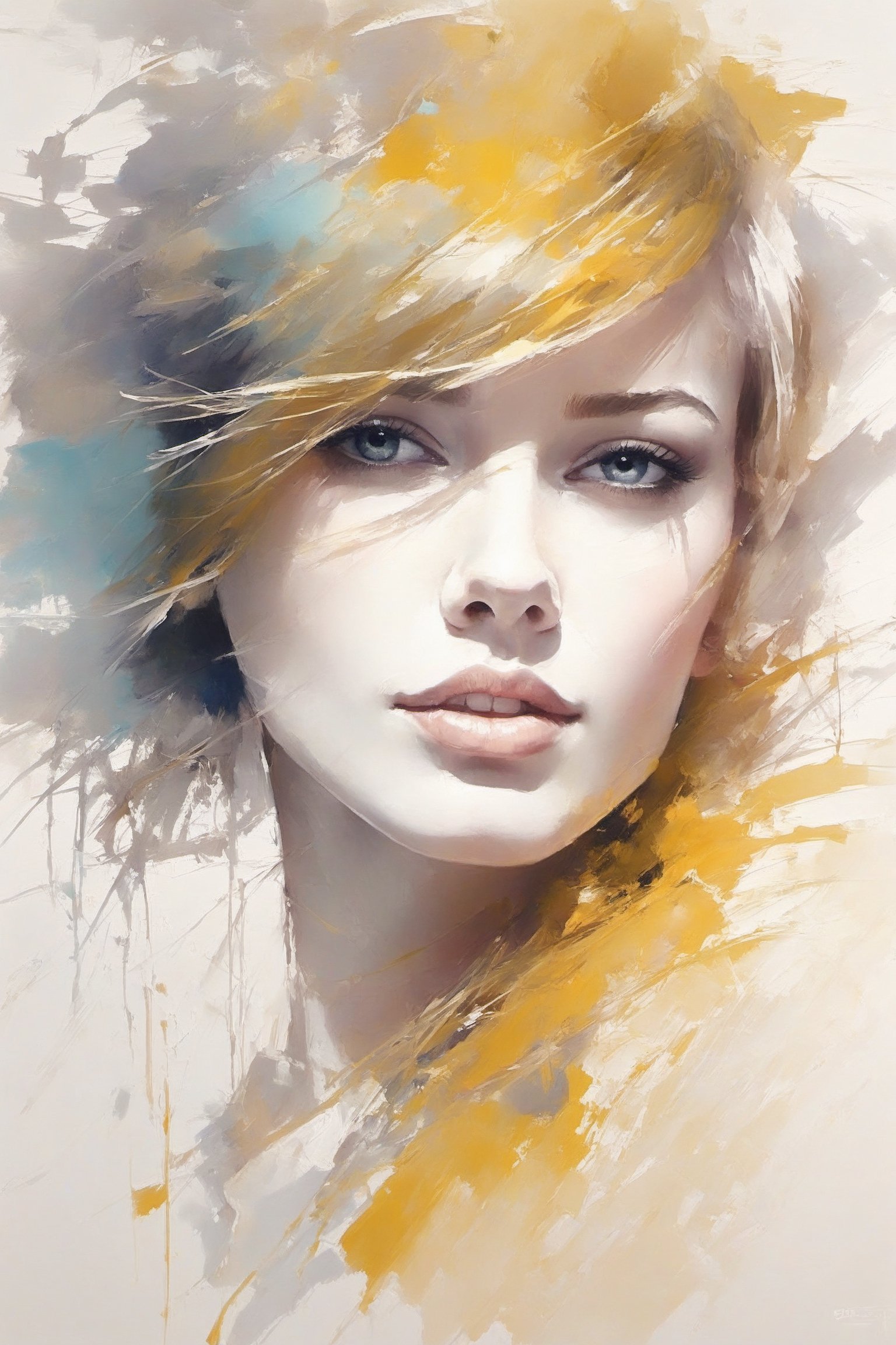 Minimalist work drawing, face and shoulders of a charming woman, clear and fundamental lines to express beauty and sweetness, lines made with a fine tip pen, just some nuances of pastel color, splashes of golden ink, Pino Daeni Style, fair and austere lines, simplicity but refinement, only the eyes must be well defined and focused, only the shadows necessary to represent the volumetry, white background, digital painting, UHD, 3D