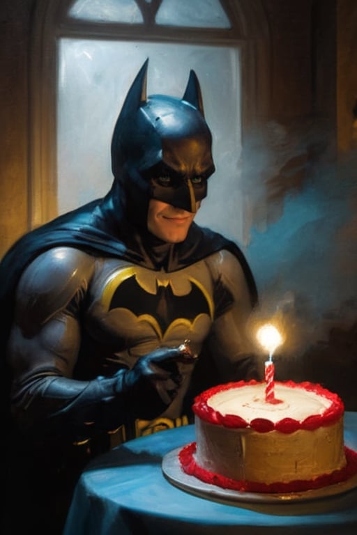 (8K, raw photo, highest quality, Masterpiece: 1.2), distant shot, batman in his darkest batcabe removed his mask to blow the candles of his birthday cake, darkness is a heavy mist of oppression by a system that rejects humanity and dwells in underground hopeless tragedy, papers everywhere, one ray of light illuminated his face and a birthday cake, he is smiling with a small cake, it's his birthday, text (VITU),
full vibrant illustrations, intricately sculpted, realistic hyper-detailed portraits, queencore, depicts real life,more saturation 