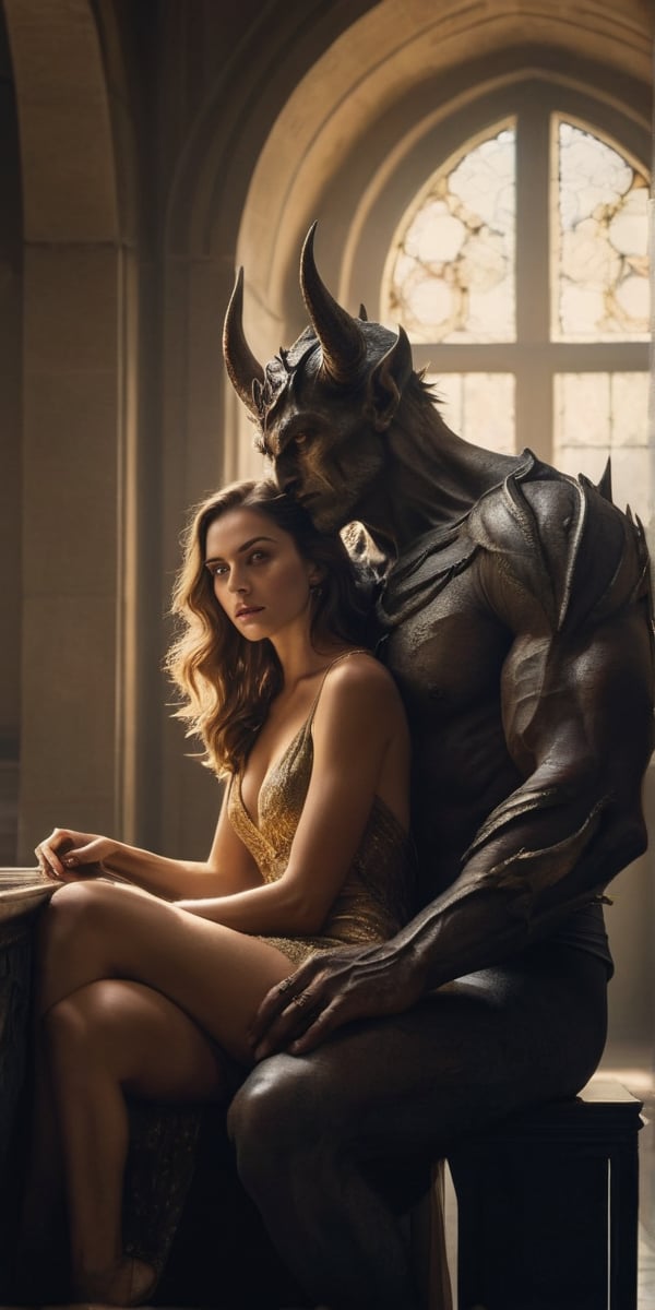 A hyper-realistic composition shot captures the tense moment as she finally meets him. Soft, golden lighting illuminates her anxious expression, highlighting the nervous tremble of her hands as they rest in her lap. Her eyes, bright with anticipation, lock onto his as she takes in his imposing figure. The demon's massive size and intimidating aura are palpable, but her gaze remains fixed on him, a mix of admiration and lust simmering beneath the surface. The air is thick with unspoken desire, contained for so long.