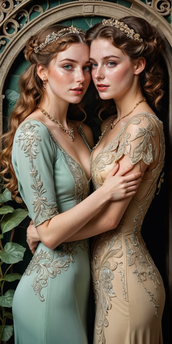 A whimsical Art Nouveau-inspired portrait of two women locked in a romantic embrace. Vintage elegance radiates from the woman dressed in flowing gowns, intricate jewelry, and ornate hairstyles, evoking the opulence of the era. Meanwhile, her modern counterpart wears laid-back college attire, her messy hair and casual style a stark contrast to the art nouveau flair. Soft candlelight illuminates their faces, casting a warm glow on their tender lips as they share a passionate kiss amidst lush greenery, with ornate ironwork or intricate tiles forming a subtle backdrop.