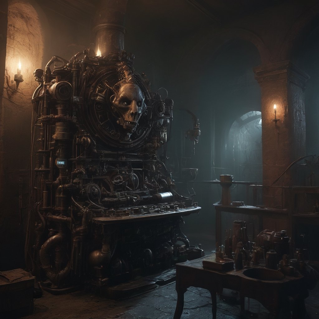 (8K, raw photo, highest quality, Masterpiece: 1.2), a chamber full of steampunk machines controlled by demons,(( one stealthy elf sabotaging a small machine)),
the scene happens in a mechanical fortress in hell.