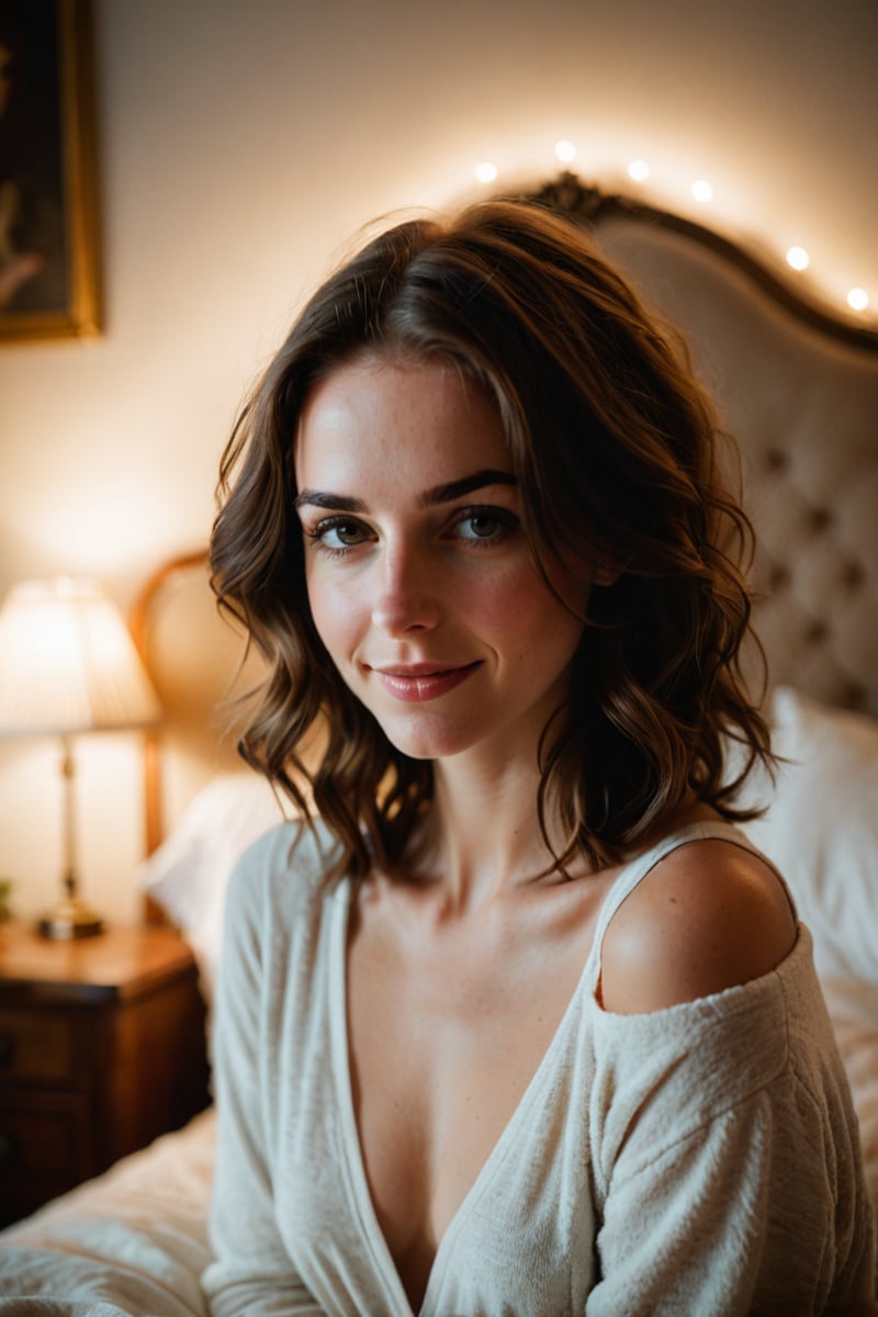 Soft focus captures the vulnerability of a woman standing near the edge of a plush bed, hesitant to reveal herself fully. She gazes downward, her hands instinctively covering her modesty as if shielding herself from potential judgment. The dimly lit room casts a warm glow on her features, accentuating the subtle curves and angles of her face. Her happiness radiates through her smile, hinting at a sense of liberation in this private space. Will his eyes linger on her imperfections or find beauty in her authenticity?