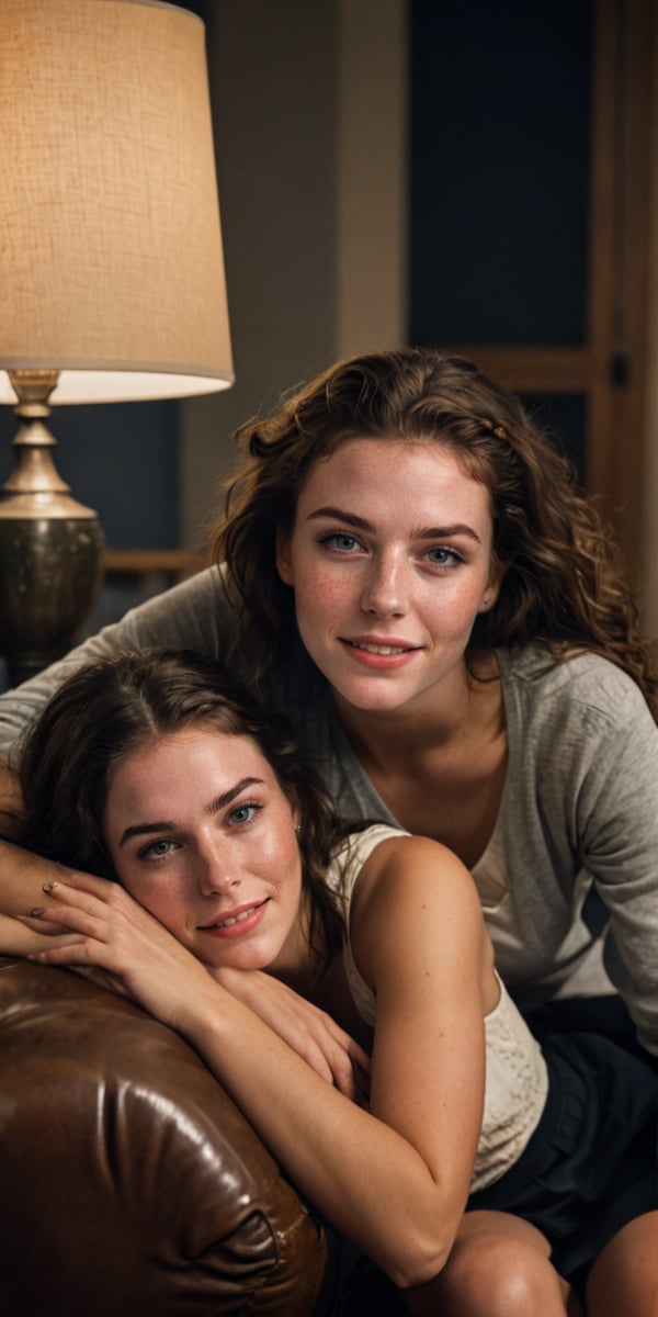 A sultry close-up shot of two young women sitting on a worn, wooden couch in a dimly lit college classroom. The warm glow of a nearby lamp casts an intimate ambiance, highlighting their playful and coy expressions. Oversized cleavages and skinny waists accentuate their petite frames as one woman leans forward, assertively inviting the viewer with a mischievous glint in her eye. Meanwhile, her friend lies prone on the couch, taken by surprise by her companion's advances, her face a mix of eagerness and hesitation.