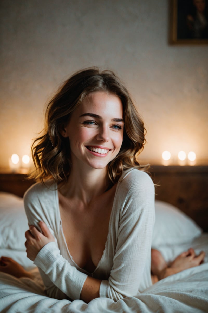 Soft focus captures the vulnerability of a woman standing near the edge of a plush bed, hesitant to reveal herself fully. She gazes downward, her hands instinctively covering her modesty as if shielding herself from potential judgment. The dimly lit room casts a warm glow on her features, accentuating the subtle curves and angles of her face. Her happiness radiates through her smile, hinting at a sense of liberation in this private space. Will his eyes linger on her imperfections or find beauty in her authenticity?