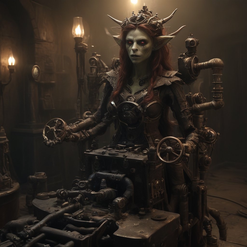 (8K, raw photo, highest quality, Masterpiece: 1.2), a chamber full of steampunk machines made of zombie parts is controlled by demons,(( one stealthy elf sabotaging a small machine)),
the scene happens in a mechanical fortress in hell.