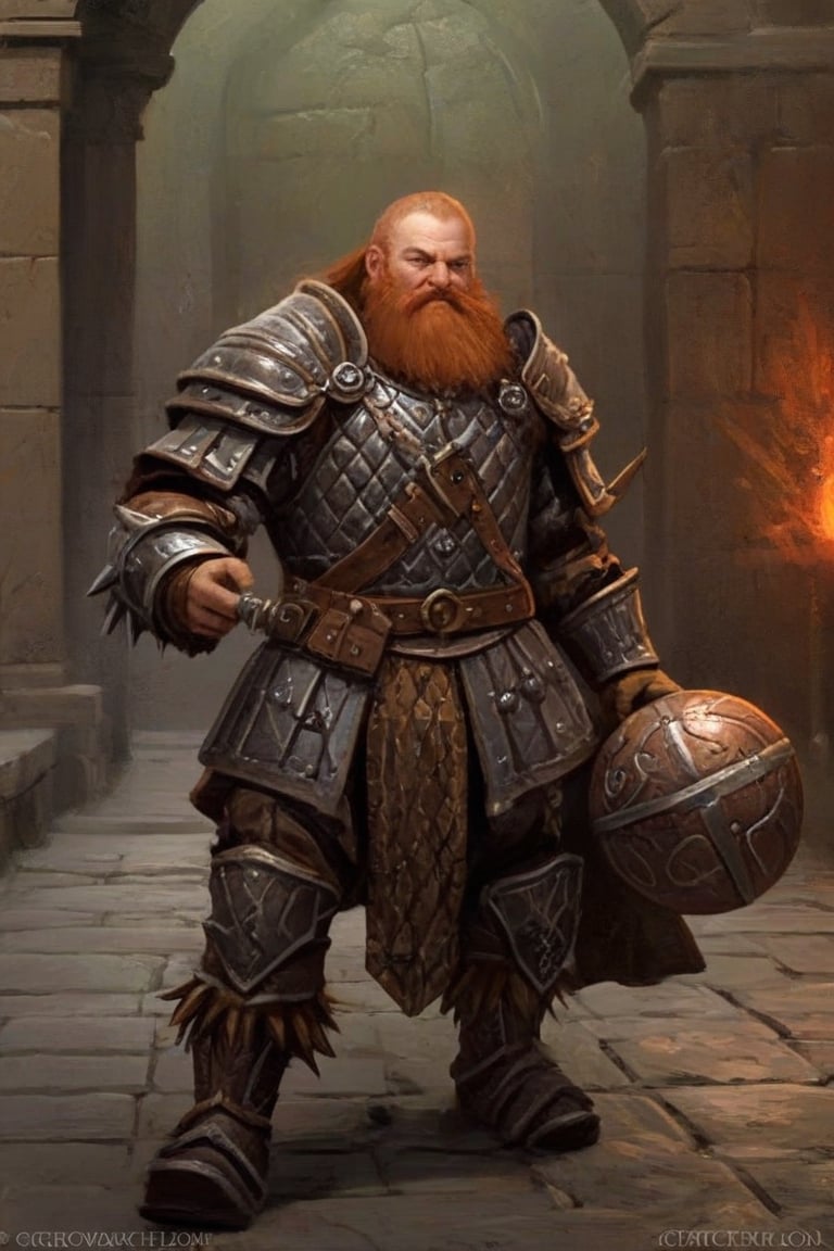 dwarf cleric in full plate armor, (((wielding a single-ball spiked flail))), elaborate baroque filigree decoration engraved in the armor with copper and iron filigree, epic action pose, devoted hero ,greg rutkowski