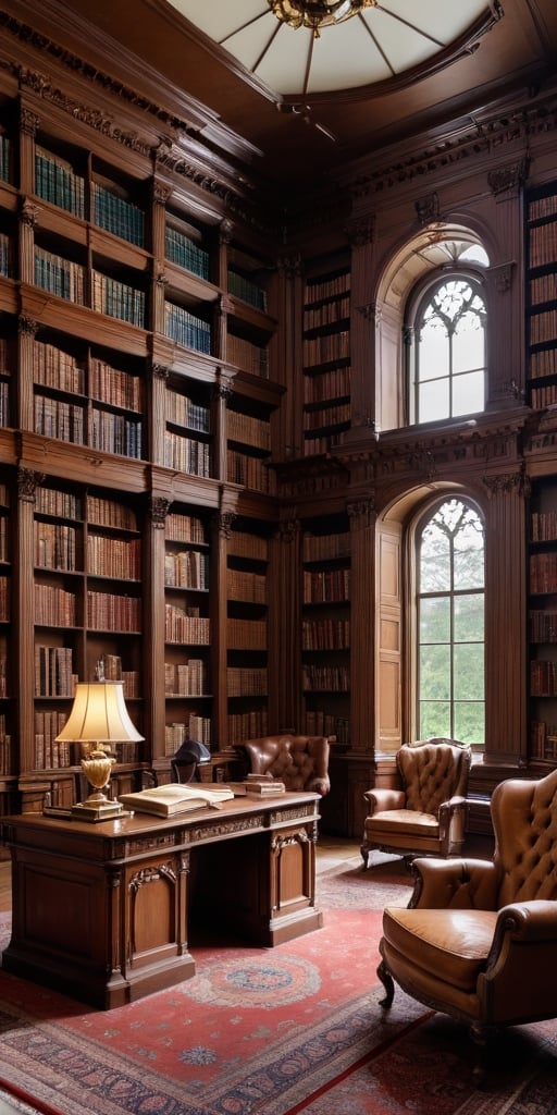 (8K, raw photo, highest quality, Masterpiece: 1.2), A luxurious Victorian library with small windows and huge bookshelves, a large imposing desk, a comfortable chair,
Detailed background denoting high-class, elegance, sophistication, luxury, wealth.
(The scene happens in a luxurious elegant Victorian library),