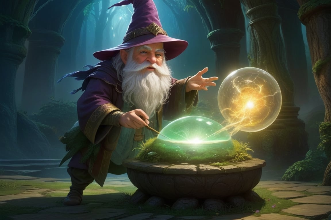 (((one good-natured gnome wizard is casting a spell))), ((magical spell creatng a transparent dome)), a big apish demon is captured inside the dome, characters are well-illuminated with good definition and light exposition, greg rutkowski,GUILD WARS, 