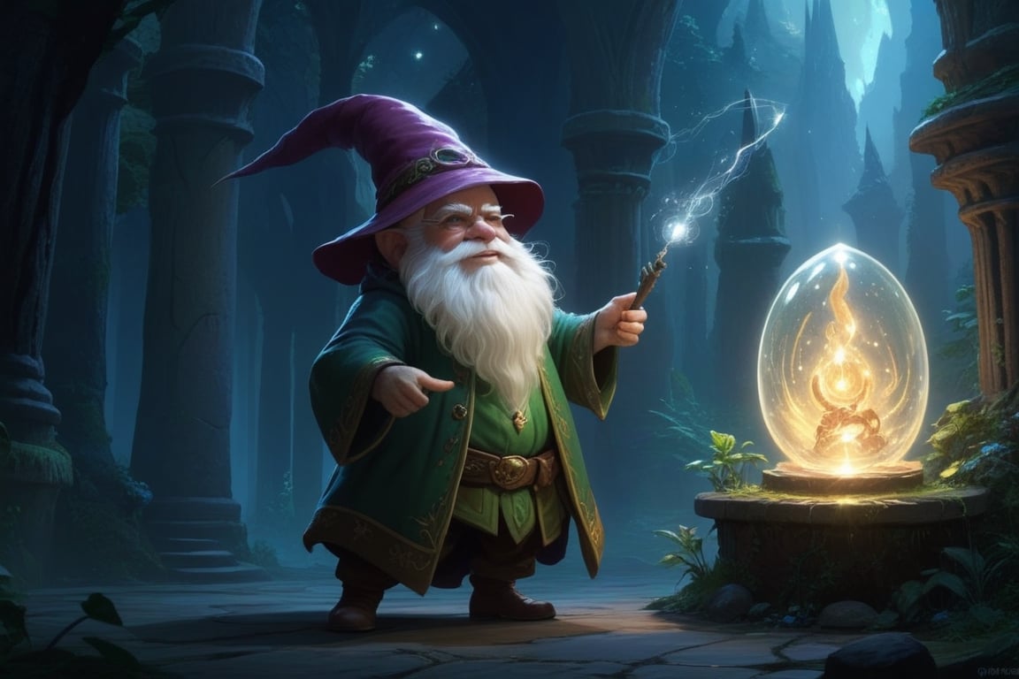 (((one good-natured gnome wizard is casting a spell))), ((magical spell creatng a transparent dome)), a big apish demon is captured inside the dome, characters are well-illuminated with good definition and light exposition, greg rutkowski,GUILD WARS, 