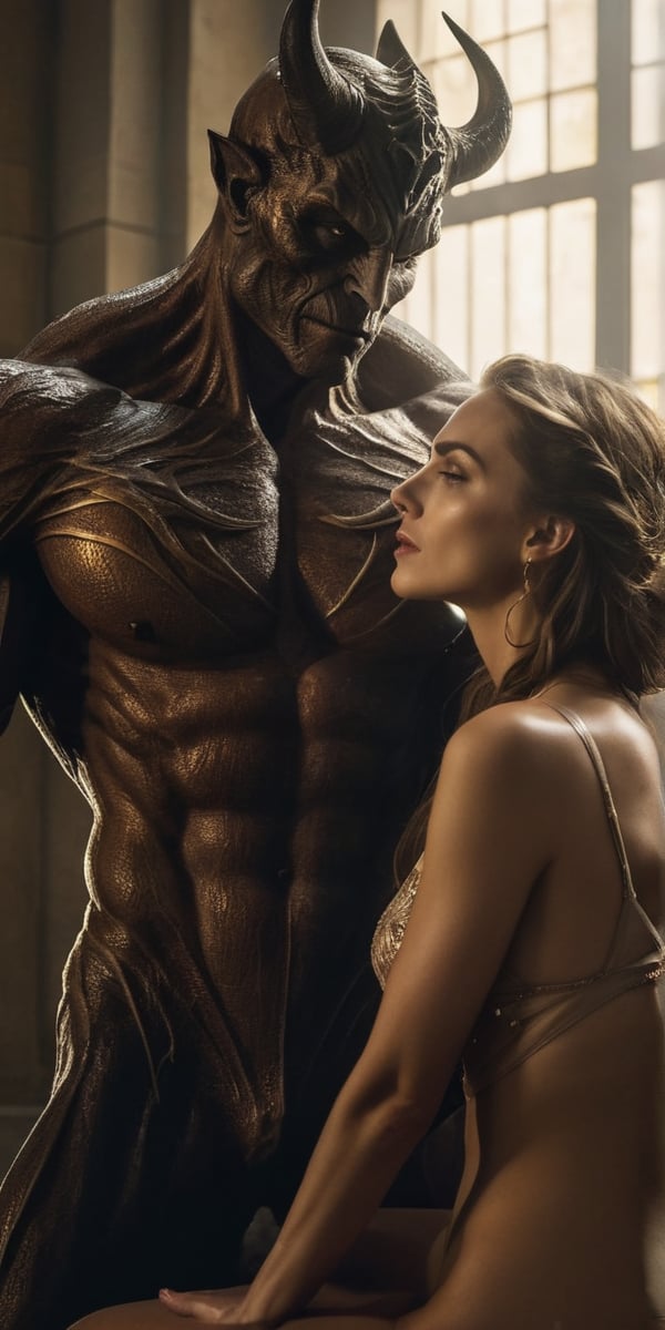 A hyper-realistic composition shot captures the tense moment as she finally meets him. Soft, golden lighting illuminates her anxious expression, highlighting the nervous tremble of her hips as they rest in his lap. Her eyes, bright with anticipation, lock onto his as she takes in his imposing figure. The demon's massive size and intimidating aura are palpable, but her gaze remains fixed on him, a mix of admiration and lust simmering beneath the surface. The air is thick with unspoken desire, contained for so long.