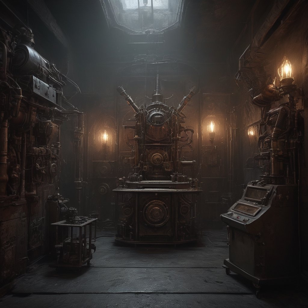 (8K, raw photo, highest quality, Masterpiece: 1.2), a chamber full of steampunk machines controlled by demons,(( one stealthy elf sabotaging a small machine)),
the scene happens in a mechanical fortress in hell.