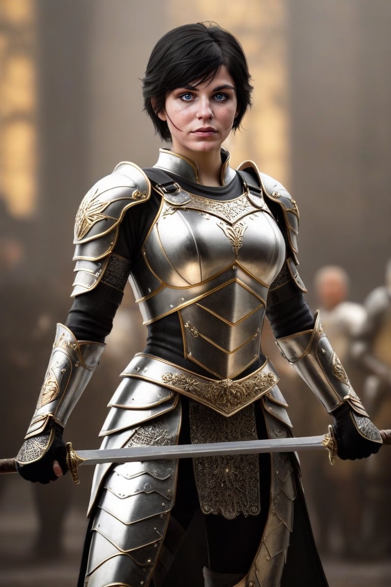 (full-body shot view, masterpiece, best quality, highres), a 30 years old athletic woman warrior marches into battle, solemn pose, her serene eyes are blue, kind face, short black hair, silver full-plate armor with silver and gold filigree, full-plate armor decorated with elaborated engraving, a symbol of a winged eye in the chest, she wields one medieval long sword, heroic pose, epic pose