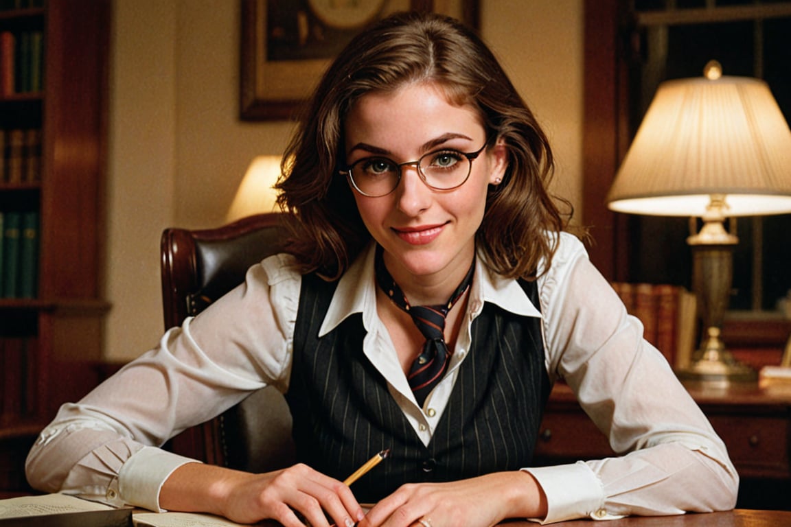 A sultry college student, dressed in a revealing outfit, leans across the professor's desk, her eyes locked on his. A sly smile spreads across her face as she playfully bats at his tie. The warm glow of a nearby lamp casts flattering light on her features. In the background, a faint hum of distant laughter and clinking glasses creates a lively atmosphere.