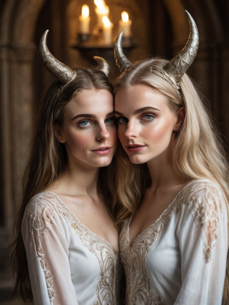 (8K, raw photo, highest quality, Masterpiece: 1.2), one demon and one girl, two girls temptation scene. One evil sexy brunette demon woman with horns and freak pointy ears and dark attire is kissing a beautiful innocent pure human platinum blonde girl in sheer translucent white tunic. Intricate embroidery with filigree. 
 The human girl's juvenile holy innocence contrasts with the demon's evil voluptuosity. Hourglass bodies, long legs,  
Uneven couple,
Detailed female faces, perfect clear eyes, perfect teeth, intricately sculpted facial beauty, female beauty, seduction, pretty face, 
(The scene happens in a mysterious shrine with stained glass illuminated by candles and fire)