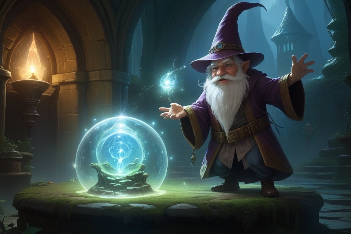 (((one good-natured gnome wizard is casting a spell))), ((magical spell creating a huge transparent dome)), ((( a big apish demon is captured inside the dome))), characters are well-illuminated with good definition and light exposition, greg rutkowski,GUILD WARS, 