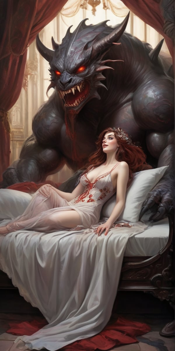 In a lavish Art Nouveau bed, a stunning maiden indulges in forbidden passion with a behemoth demon lying in bed with her. Uneven couple passionate embracing in bed. Her curves are modestly concealed by elegant channel dress. The monstrous creature'slong tongue and lewd lips are dripping crimson blood. her face expreses her overwhelming pleasure and surprise while she fully embraces her own corruption. 