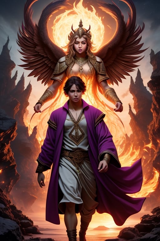 a young male cleric of the goddess of magic is walking in hell, his face in the foreground shows a young manly face badly shaved and poorly groomed, the sky is dominated by the image of a motherly goddess, the purple robes of the goddess cover the sky with deep color and shiny stars,