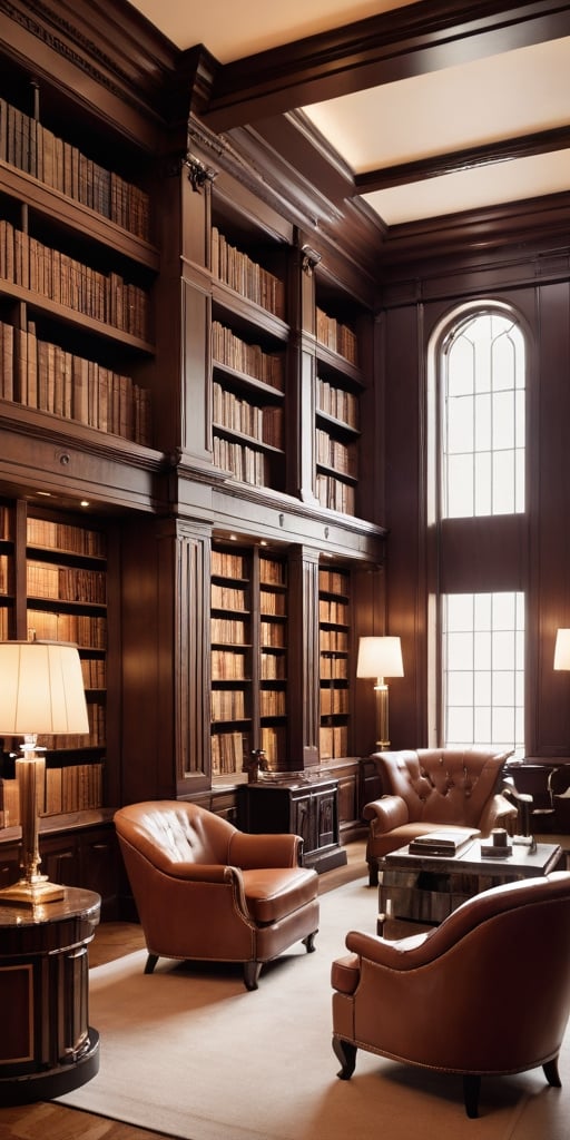 (8K, raw photo, highest quality, Masterpiece: 1.2), A luxurious Art Deco library with small windows and huge bookshelves, a large imposing desk, a comfortable chair,
Detailed background denoting high-class, elegance, sophistication, luxury, wealth.
(The scene happens in a luxurious elegant Art Deco library),