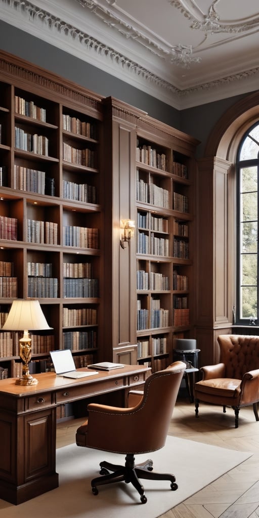 (8K, raw photo, highest quality, Masterpiece: 1.2), A luxurious Scandinavian library with small windows and huge bookshelves, a large imposing desk, a comfortable chair,
Detailed background denoting high-class, elegance, sophistication, luxury, wealth.
(The scene happens in a luxurious elegant Scandinavian library),