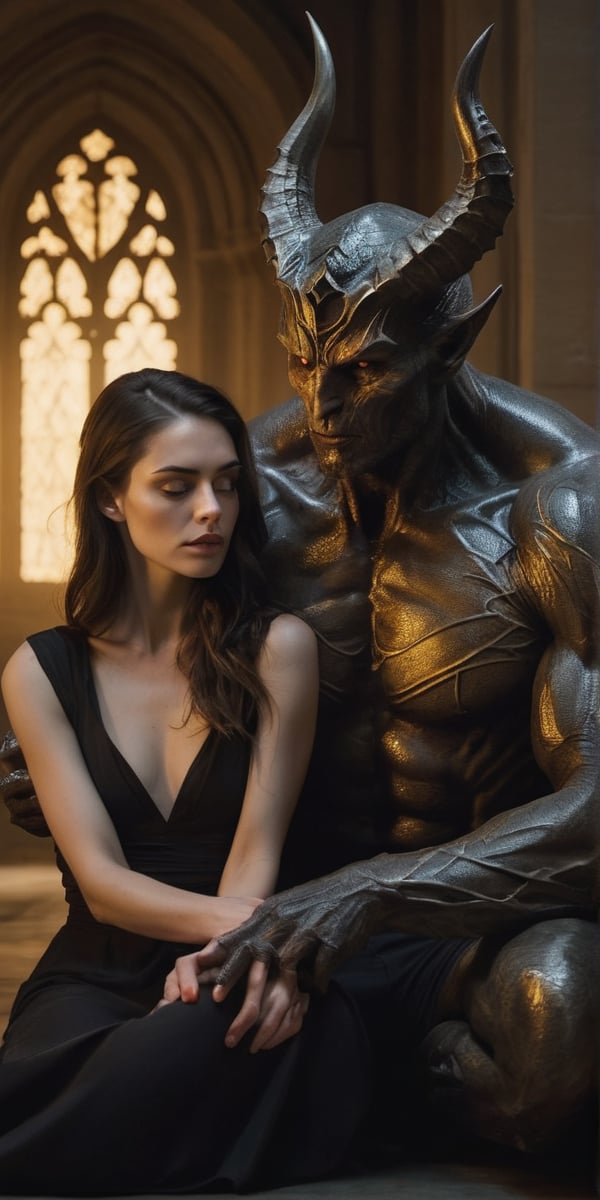 A hyper-realistic composition shot captures the tense moment as she finally meets him. Soft, golden lighting illuminates her anxious expression, highlighting the nervous tremble of her hands as they rest in her lap. Her eyes, bright with anticipation, lock onto his as she takes in his imposing figure. The demon's massive size and intimidating aura are palpable, but her gaze remains fixed on him, a mix of admiration and lust simmering beneath the surface. The air is thick with unspoken desire, contained for so long.