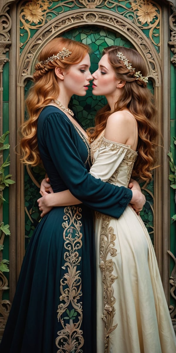 A whimsical Art Nouveau-inspired portrait of two women locked in a romantic embrace. Vintage elegance radiates from the woman dressed in flowing gowns, intricate jewelry, and ornate hairstyles, evoking the opulence of the era. Meanwhile, her modern counterpart wears laid-back college attire, her messy hair and casual style a stark contrast to the art nouveau flair. Soft candlelight illuminates their faces, casting a warm glow on their tender lips as they share a passionate kiss amidst lush greenery, with ornate ironwork or intricate tiles forming a subtle backdrop.