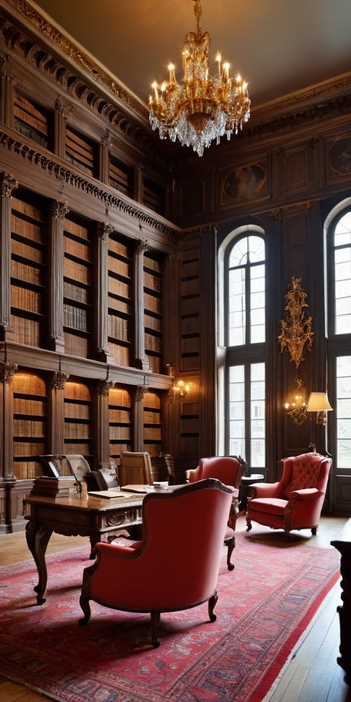 (8K, raw photo, highest quality, Masterpiece: 1.2), A luxurious Louis XIV library with small windows and huge bookshelves, a large imposing desk, a comfortable chair,
Detailed background denoting high-class, elegance, sophistication, luxury, wealth.
(The scene happens in a luxurious elegant Louis XIV library),