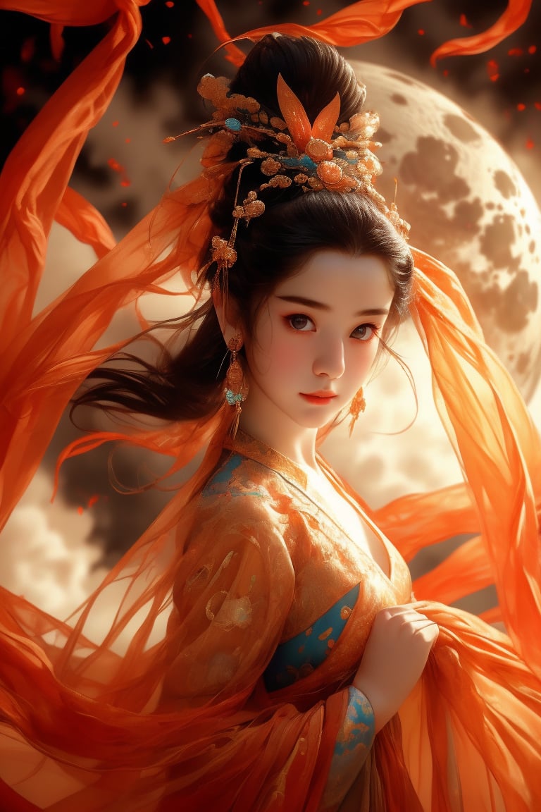 
Real photo style, a close-up of a miniature strange girl with a full moon in the sky. The girl is Chang'e, an ancient Chinese legend. She wears the costume of an ancient Chinese palace noble and flies to the moon like a superman and a fairy. She has a transparent ribbon fluttering in the wind and holds a plate in her hand. Chinese moon cakes, with cute little white rabbits running to the moon at their feet, create an eternal and charming beauty that is delicate and delicate