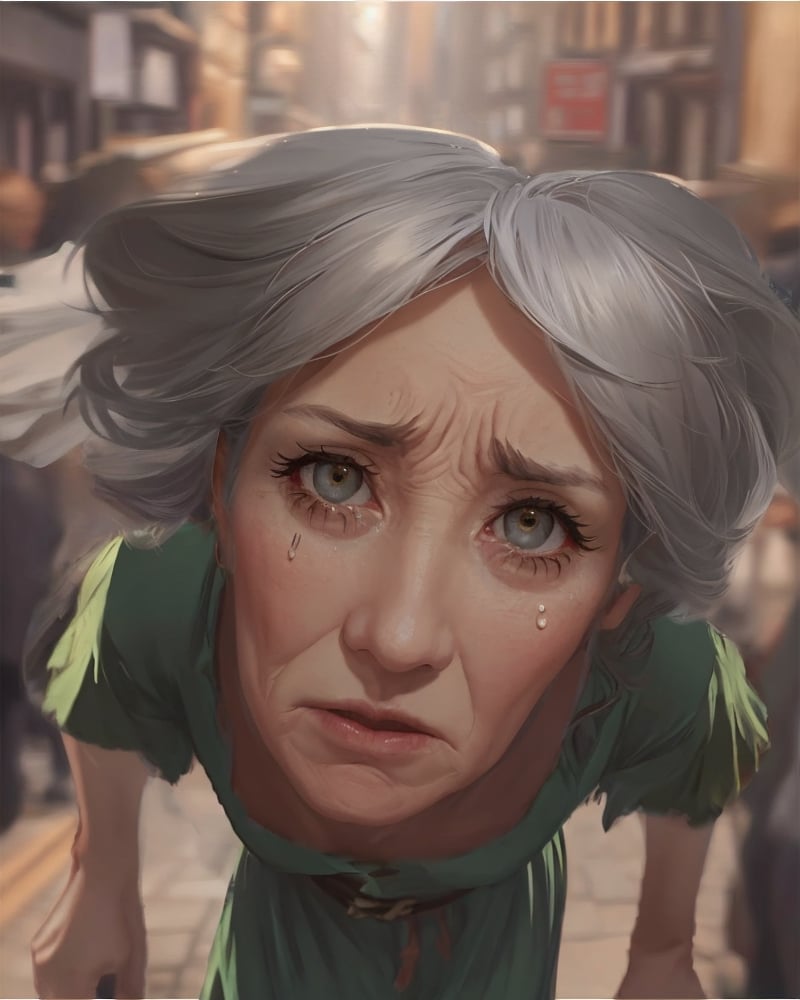old woman of 80 years old, dressed in an ((old green dress)),  upset, sadness, longing, tears from eyes,  street in the background, vane /(granblue fantasy/),vane /(granblue fantasy/)