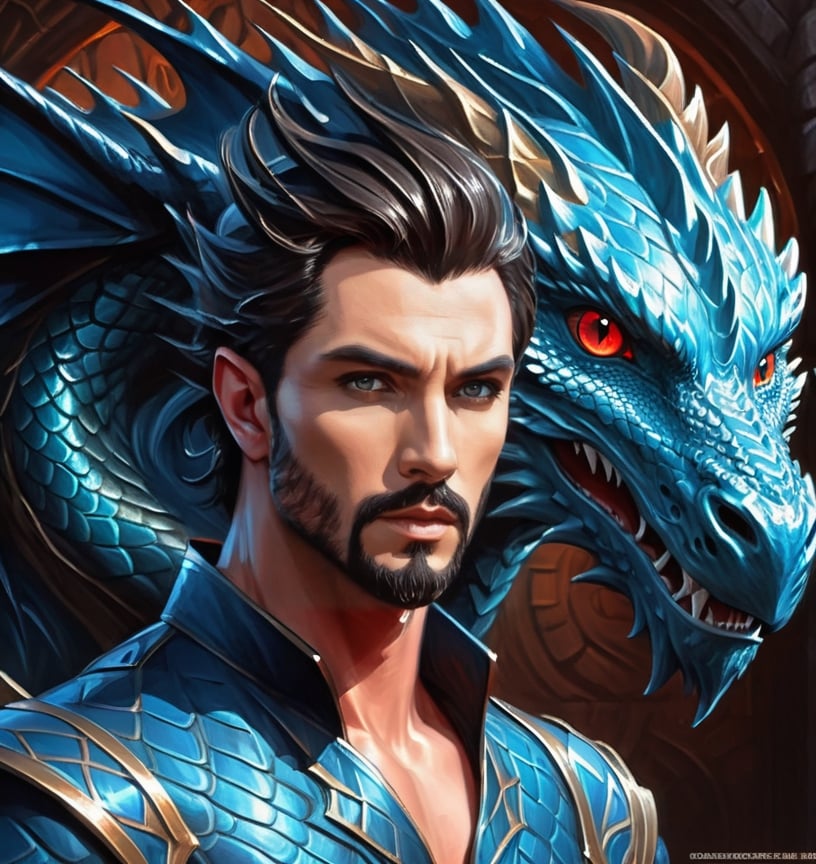  digital painting, book illustrationa, male face of 28 years old man, handsome predatory male face, almond shaped big dark blue eyes, raised up corners of eyes, wide nose, outlined cheekbones, clean shaven, well defined plump lips, ((blue (((dragon skin))) on forehead, cheekbones and neck)), dark fantasy, dark magic illumination,  fantasy illustration style, airbrushed, high resolution, Charlie Bowter, visible brushstrokes, 16k resolution, trending on artstation, voluminous light,PetDragon2024xl