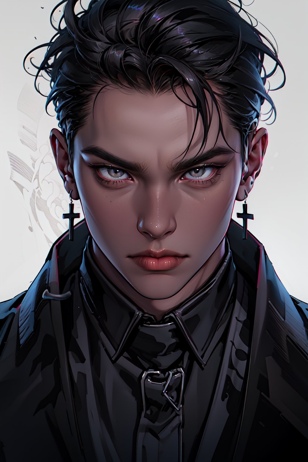 1 boy, male, 30 years old, dark hair, pixie cut, slicked back hair, sharp gaze, black eyes, trim man, tall, cross earring in ear, tanned complexion, temperamental, repressed character, neutral expression, intimidating mobster, black dress shirt, black coat, white background, looking_at_the_viewer, close-up, modern