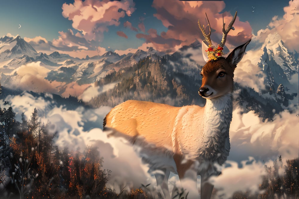 magic Digital illustration, surrealism, sunrise, only the peaks of the Caucasus Mountains are visible, fog between the peaks, magical huge roe deer walking in the fog, calm peaceful atmosphere, light work, natural light, (visible brush strokes), (( style by Artem Chebokha,  Devin Elle Kurtz, Rossdraws)), style of Peter Morbacher, awarded on artstation, cinematic light