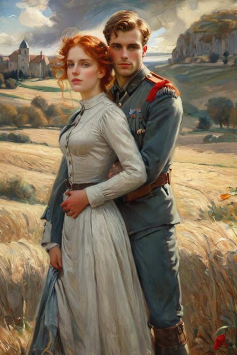 ultra detailed colored illustration full body portrait of A beautiful woman with long, flowing red hair appears behind the young handsome German soldier with neat style as love couple. She wraps her arms around him, burying her face in his back., the precision of John Singer Sargent highlights the woman's features, while Leonardo da Vinci's play of light and shadow adds enigmatic depth, background A: A swirling dreamscape with melting clocks and distorted landscapes, extremely detailed, masterpiece, stunning illustration, open eyes, A unique blend of art styles,digital painting