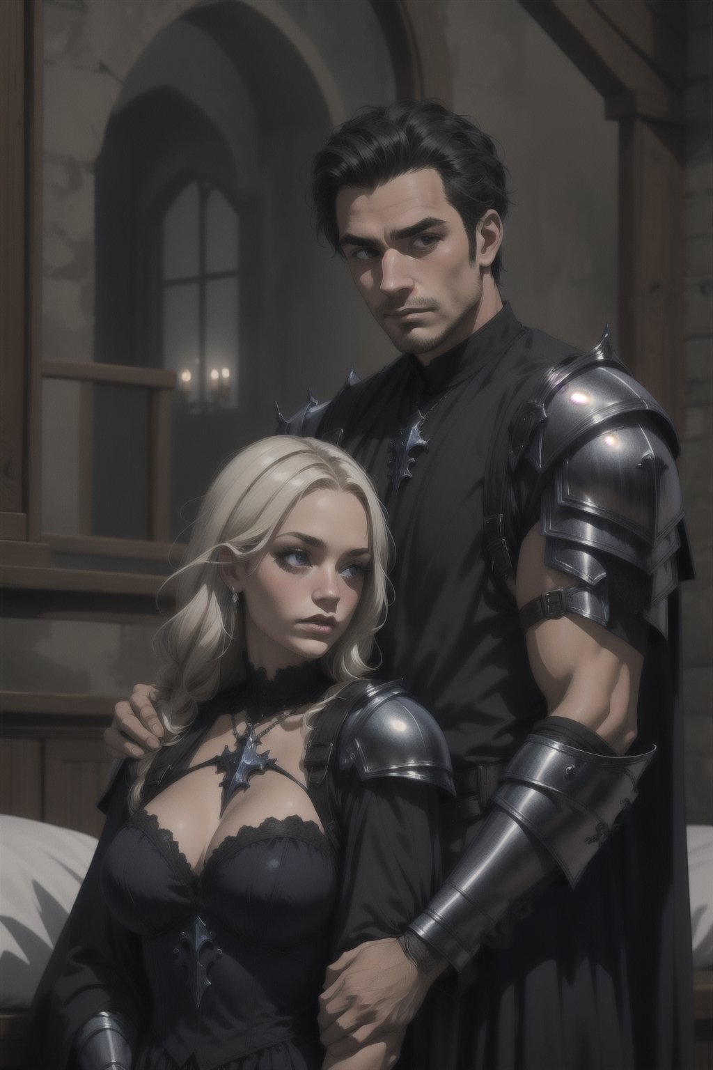 man in gothic armor being comforted by a young lady