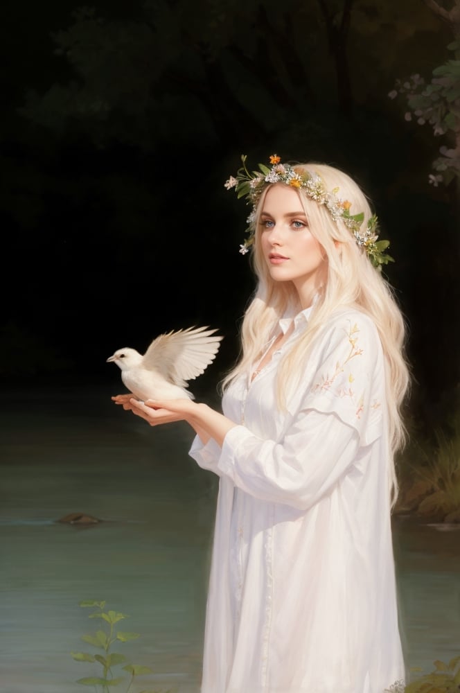 fantasy portrait of the character, Ancient Russian goddess Lada, dressed in a white shirt with embroidery, on her head a wreath of wildflowers, standing in the bank of a forest river, holding a magic bird in her hand, looking at the sunrise, nature is waking up, birds are chirping, calm joyful atmosphere, natural light, digital illustration, high key, in the style of Andrei Shishkin, Vasnetsov, book cover, masterpiece, book cover, masterpiece artstation painting concept art of detailed character design matte painting, 8 k resolution, sharp focus