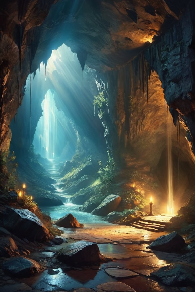Landscape, mysterious cave, inside the dragon's treasure on the floor , dramatic angle, realistic and detailed action movie poster style, surrealism, masterpiece, mystical lighting, mysterious atmosphere
,GLOWING,digital painting
