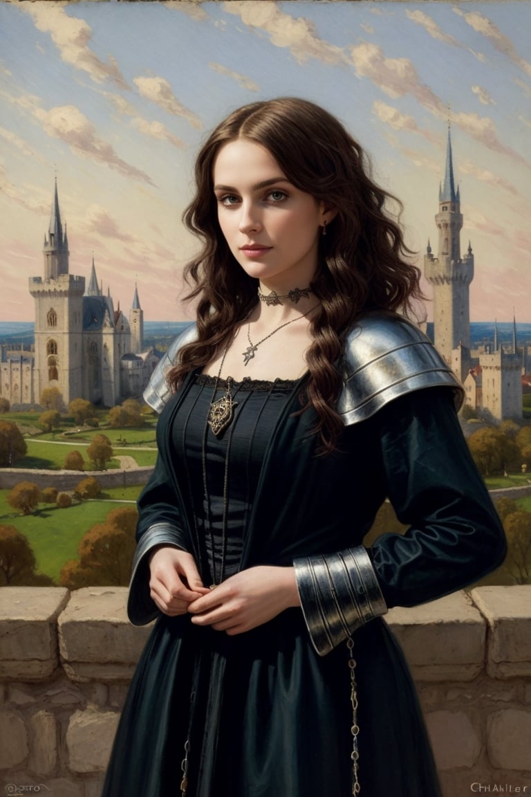 (((Highest quality))),masterpiece,Beautiful magician in medieval dress with dagger in hand, character portrait, necklace around her neck, gothic art, gothic, spires of medieval castles in background, styled by Donato Giancola, Charlie Bewater , spires of medieval castles in background