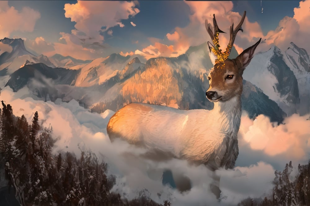 magic Digital illustration, surrealism, sunrise, only the peaks of the Caucasus Mountains are visible, fog between the peaks, magical huge roe deer walking in the fog, calm peaceful atmosphere, light work, natural light, (visible brush strokes), (( style by Artem Chebokha,  Devin Elle Kurtz, Rossdraws)), style of Peter Morbacher, awarded on artstation, cinematic light