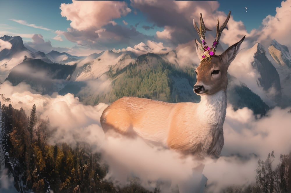 magic Digital illustration, surrealism, only the peaks of the Caucasus Mountains are visible, fog between the peaks, magical huge roe deer walking in the fog, calm peaceful atmosphere, light work, natural light, (visible brush strokes), (( style by Artem Chebokha,  Devin Elle Kurtz, Rossdraws)), style of Peter Morbacher,  sunrise, awarded on artstation, cinematic light, pink clouds, blue sky