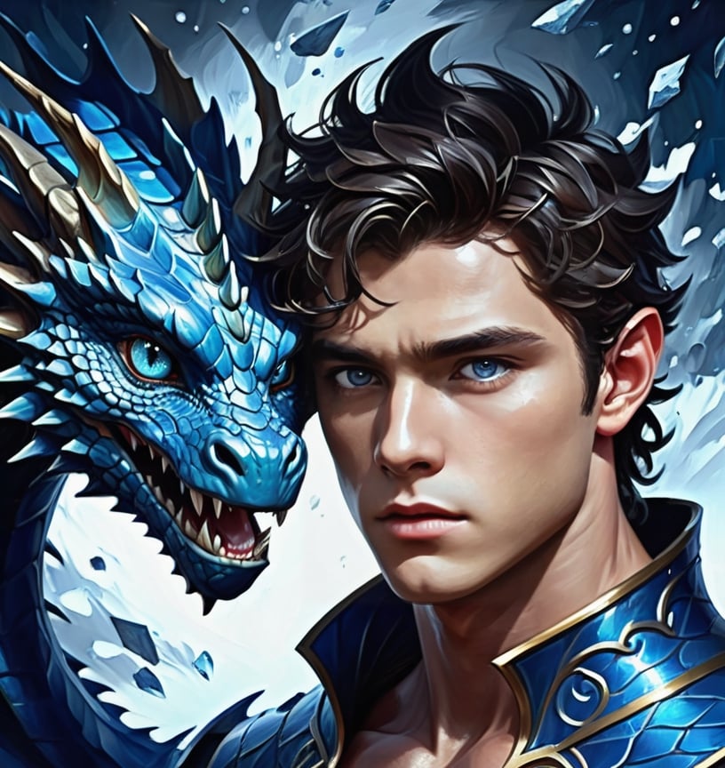  digital painting, book illustrationa, male face of 28 years old man, handsome predatory male face, almond shaped big dark blue eyes, raised up corners of eyes, wide nose, outlined cheekbones, clean shaven, well defined plump lips, ((blue dragon flakes on forehead, cheekbones and neck)), dark fantasy, dark magic illumination,  fantasy illustration style, airbrushed, high resolution, Charlie Bowter, visible brushstrokes, 16k resolution, trending on artstation, voluminous light,PetDragon2024xl