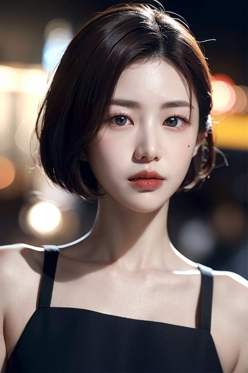 Korean woman with short hair and thick lips around 30 years old, dark night street background, natural lighting on woman's face,  Add a mole to your face, ,m4d4m,arshadArt
