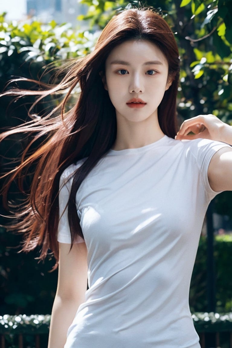 20-Year-Old Korean Female, 
an athletic figure, 
Half Body Shot, blue eyes, 
a checkered shirt, 
moderate chest size, 
with long blond hair, 
Realistic Photos, 
Lighting Effects on Face, 
park Background, arshadArt,hf_Alexandra_Nagy-20, full-body shot,iu