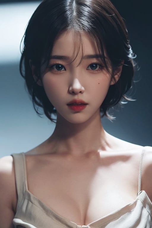 Korean woman with short hair and thick lips around 30 years old, dark night street background, natural lighting on woman's face,  Add a mole to your face, ,m4d4m,arshadArt,iu