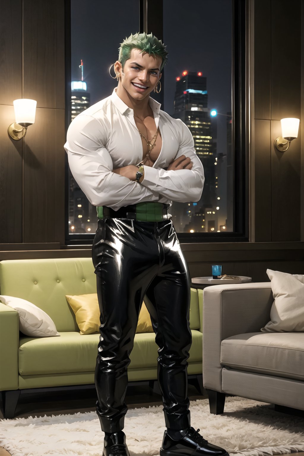 NYC background, man 25 year old, tangaline light sleek double color short hair style, wearing , splash drop color, Barranquilla,roronoamuscular_body, standing , long_sleeves,  arms_crossed, necklace,
laughing, white_shirt ((large)), unbottoned, black elegant shiny pants, black shoes, muscular, black_hair,roronoa zoro, green_hair,midnight, ear_rings, ring, muscular_body, luxury living room