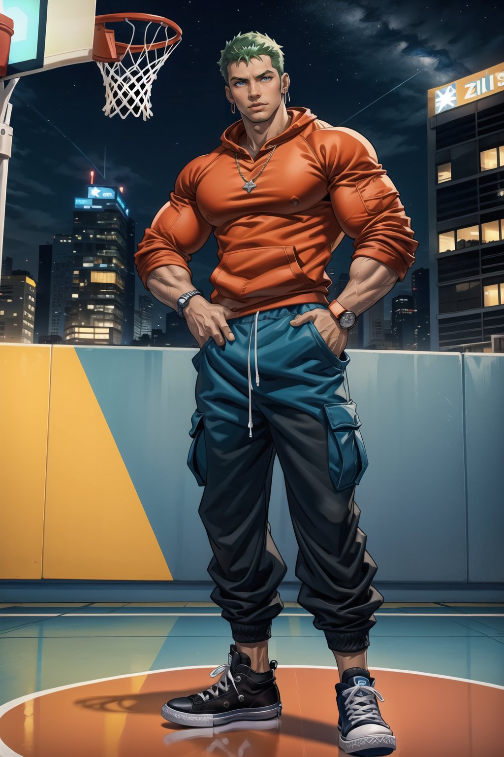 NYC background, outdoor basketball court , man, tangaline light sleek double color short hair style, wearing , splash drop color, Barranquilla,muscular_body ,sweatshirt ((Red sweatshirt with a Blue Number)) , long_sleeves ((half rolled up sleeves)), :), apple_watch, ring necklace, ring, muscular_body, 
roronoa zoro, green_hair, cargo pants ((Blue cargo pants)), converse shoes ((black converse )), muscular,evening, ear_rings, ring, athletic_male,  basketball_clothing, playing basketball in the court, tall, happy, arms_crossed