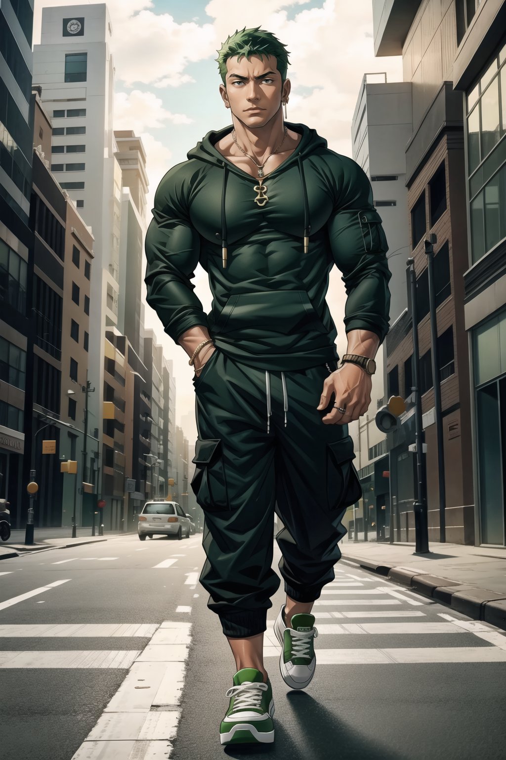 NYC background, apartment, man, tangaline light sleek double color short hair style, wearing , splash drop color, Barranquilla,muscular_body , long_sleeves, :), arms_crossed, ring necklace, ring, muscular_body,
roronoa zoro, green_hair, black hoodie, cargo pants, converse shoes, muscular, midnight, ear_rings, ring, muscular_body, white_shirt, walking