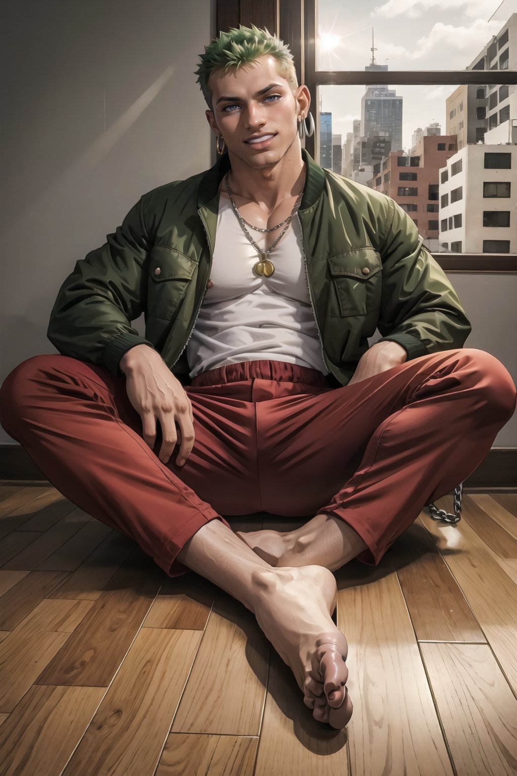 Wooden floor with windows room, NYC background ,man, 30 year old, tangaline light sleek double color short hair style, wearing , splash drop color, Barranquilla,muscular, wearing silver chain necklace,  ear_rings, ring, muscular_body,  midnight, :), roronoa zoro, jacket ((Red comfy jacket)),  shirt ((white, large, unbottoned shirt)), pants ((red pants)), green_hair, full_body, pov_eye_contact, :), blushing, sweating, full_body, barefoot, sitting_on_chair, getting photographed, camera recording,Male focus, smiling, barefoot