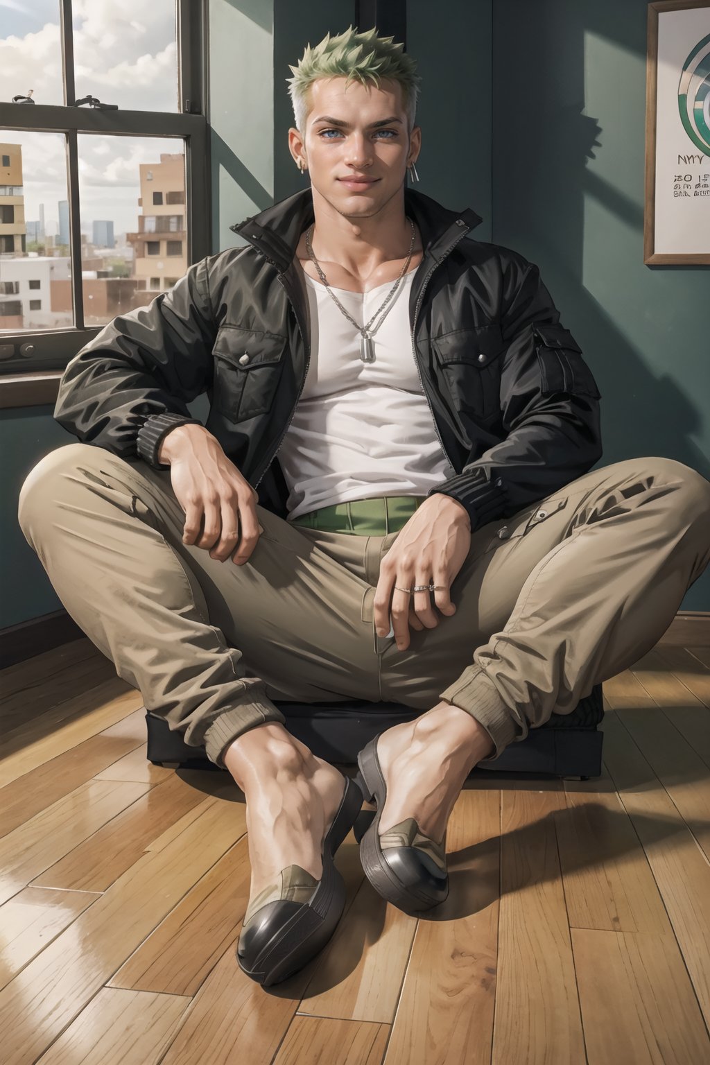 Wooden floor with windows room, NYC background ,man, 30 year old, tangaline light sleek double color short hair style, wearing , splash drop color, Barranquilla,muscular, wearing silver chain necklace,  ear_rings, ring, muscular_body,  midnight, :), roronoa zoro, jacket ((black comfy jacket)),  shirt ((white, large, unbottoned shirt)), pants ((Red cargo pants)), converse shooes, green_hair, full_body, pov_eye_contact, :), blushing, sweating, full_body, barefoot, sitting_on_armchair, getting photographed, camera recording,Male focus, smiling,